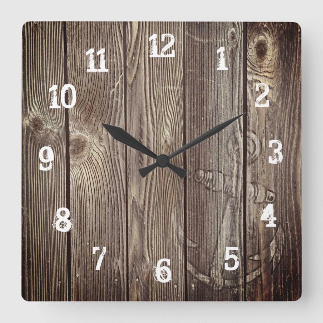 Rustikaler Altholz Vintager Wasseranker Quadratische Wanduhr (Vorderseite)