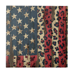 Rustikaler Amerikanischer Flaggen-Leoparden-Druck  Fliese