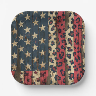 Rustikaler Amerikanischer Flaggen-Leoparden-Druck Pappteller