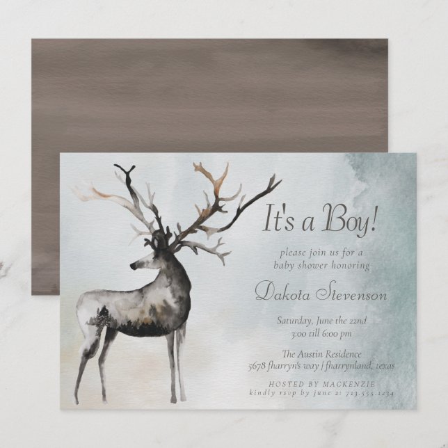 Rustikaler Antler | Ethereal Woodland Baby Boy Dus Einladung (Vorne/Hinten)