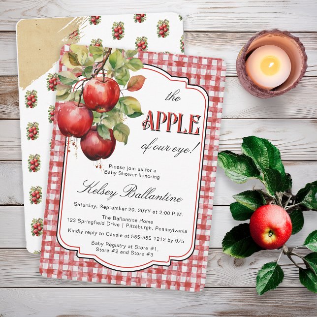 Rustikaler Apfel mit unserer Augenbabydusche Einladung ("The Apple of Our Eye!"  Country Rustic Apple Theme Torn Brown Paper Red White Gingham Checks Invite)