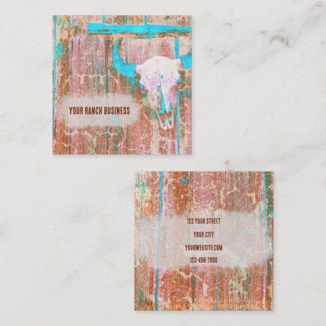 Rustikaler Aquamarin Grunge Texture Western Bull S Quadratische Visitenkarte (Vorne/Hinten)