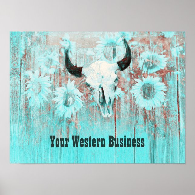 Rustikaler Aquamariner Western Bull Skull Sonnenbl Poster (Vorne)