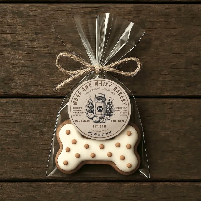 Rustikaler Artisan Bakery Ingredients Hündchen Runder Aufkleber (Rustic Dog treat sticker with ingredients.)
