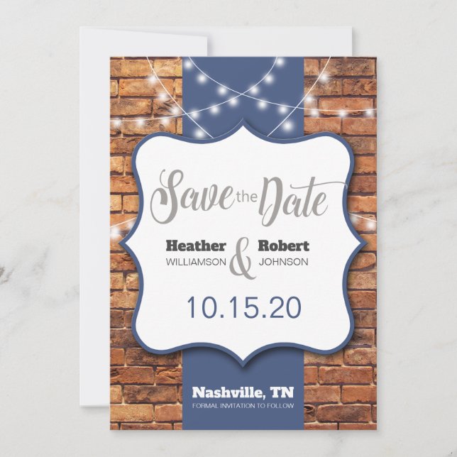 Rustikaler Backstein-Hintergrund mit blauen Akzent Save The Date (Vorderseite)