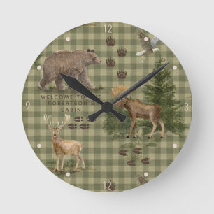 Rustikaler Bärenwald Hirsch Elch Adler Aquarell Runde Wanduhr