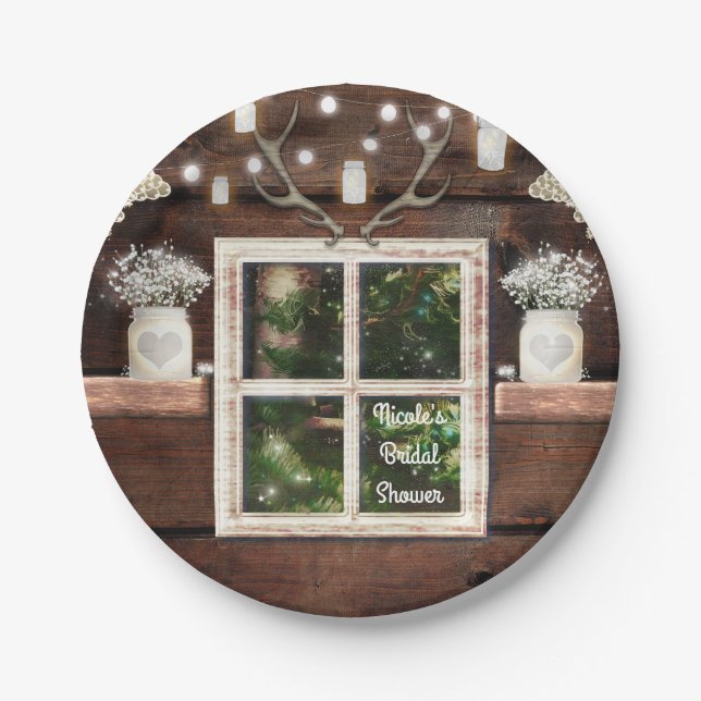 Rustikaler Barn Window Tree & Mason Jar Wedding Pappteller (Vorderseite)
