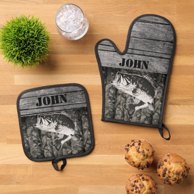 Rustikaler Bassfischer Name Holzsportarten im Frei Ofenhandschuh & Topflappen-Set (Oben Unten)