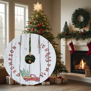 Rustikaler Bauernhaus-Stil Holz-LKW in Rot Polyester Weihnachtsbaumdecke