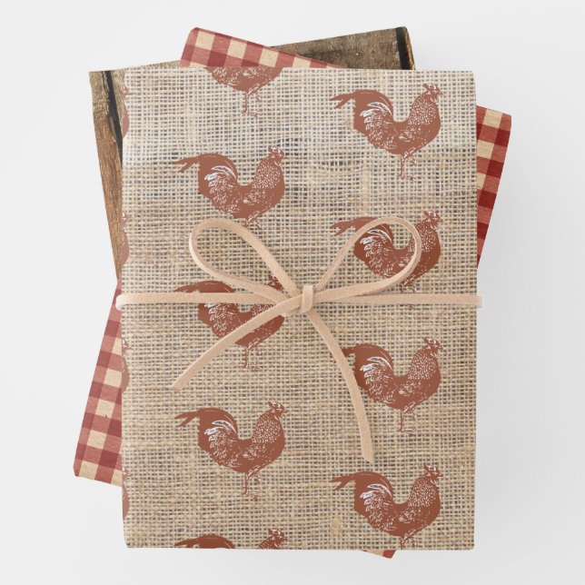 Rustikaler Bauernhof Burlap Chicken Wrapping Paper Geschenkpapier Set (Beispiel)