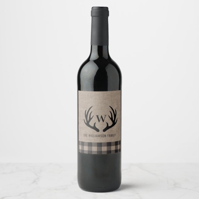 Rustikaler Bauernhof Burlap Deer Antler Monogram N Weinetikett (Vorderseite)