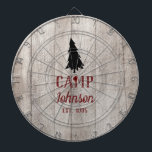 Rustikaler Baum Dartscheibe<br><div class="desc">Fun graues Holz Familienlager Dartboard für Ihre rustikale Zuhause-Spiel Nacht. Dieses lustige Imitat aus verwittertem Holz beinhaltet einen schwarzen hohen Kiefernbaum. Es gibt benutzerdefinierte Wörter,  wie z.B.,  Camp,  einen Familiennamen und etablierte Datums zu personalisieren. Der Text ist bordeauxrot und hebt sich vor dem Hintergrund des Holzes ab.</div>