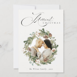 Rustikaler Baumwoll-Tannenzapfen-Foto-Weihnachtskr Feiertagskarte