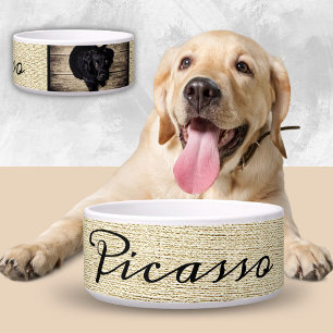 Rustikaler Beige Dog's Name in Black Script 2 Foto Napf