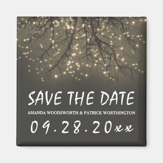 Rustikaler beleuchteter Baumzweig Hochzeit Save-th Magnet (Vorne)