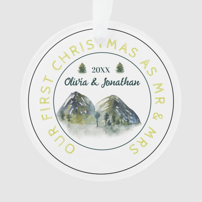Rustikaler Bergbaum erste Weihnachten als Mr. & Mr Ornament (Vorderseite)