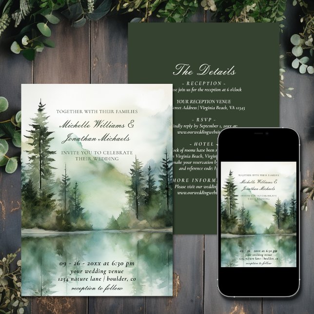 Rustikaler Bergsee-Wald auf einer Hochzeit Einladung (Rustic Mountain Lake Forest All in One Wedding Invitation)