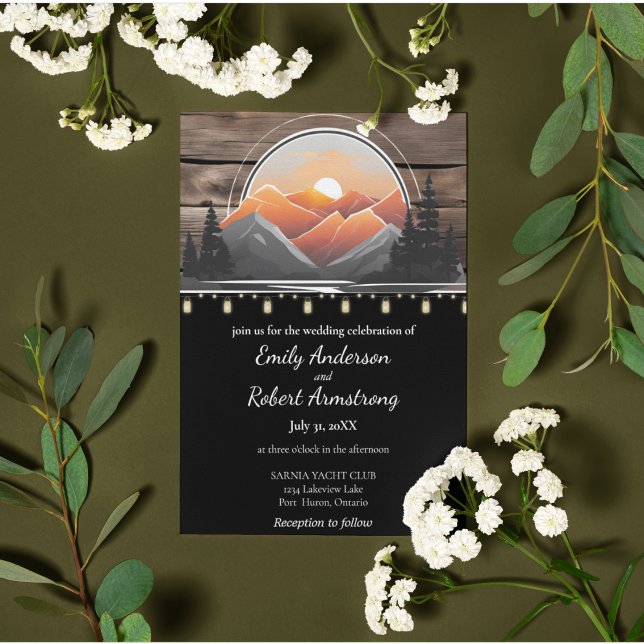 Rustikaler Bergtal Wald Sunset Nature Einladung (Mountain Forest Sunset Lakeside Wedding Invitation Suite.)