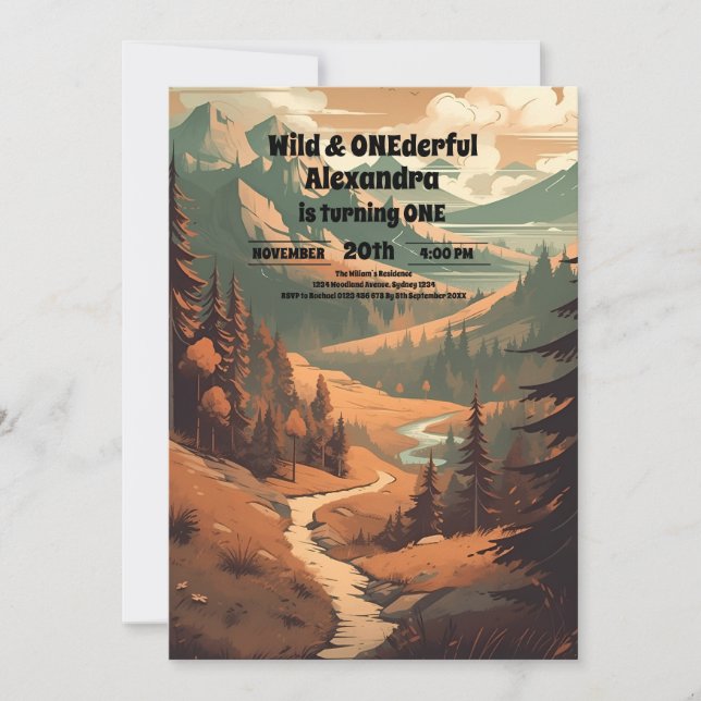 Rustikaler Bergwald Evergreen 1. Geburtstag Einladung (Vorderseite)
