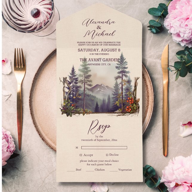 Rustikaler Bergwald Evergreen Tree Wedding All In One Einladung (Von Creator hochgeladen)