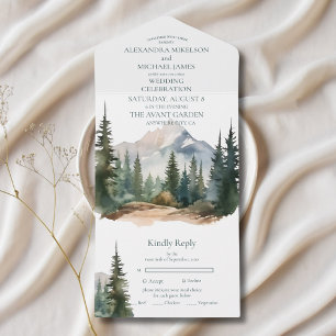 Rustikaler Bergwald Evergreen Tree Wedding All In One Einladung