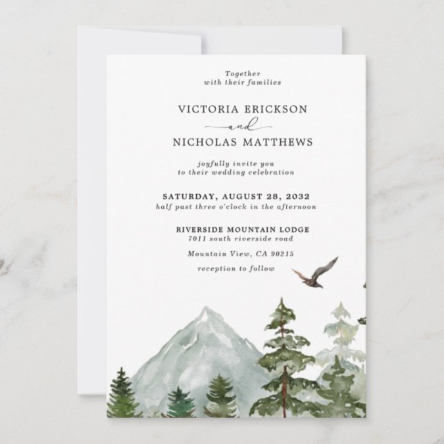 Rustikaler Bergwald Evergreen Tree Wedding Einladung (Vorderseite)