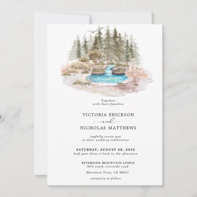 Rustikaler Bergwald Evergreen Tree Wedding Einladung (Vorderseite)