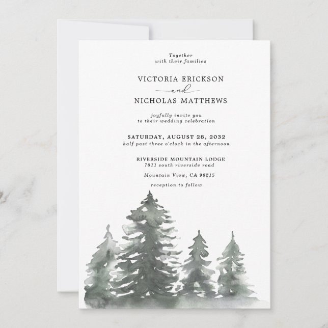 Rustikaler Bergwald Evergreen Tree Wedding Invi Einladung (Vorderseite)