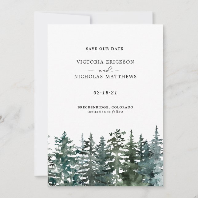 Rustikaler Bergwald Evergreen Tree Wedding Invi Einladung (Vorderseite)