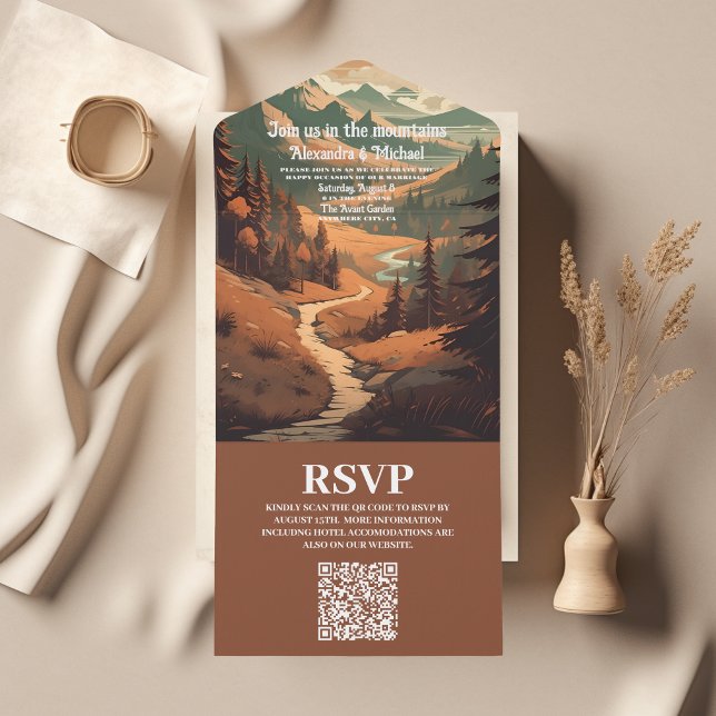 Rustikaler Bergwald Evergreen Wedding QR Code All In One Einladung (Von Creator hochgeladen)