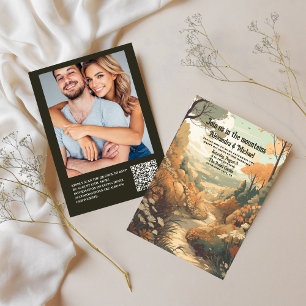 Rustikaler Bergwald Evergreen Wedding QR Code Einladung