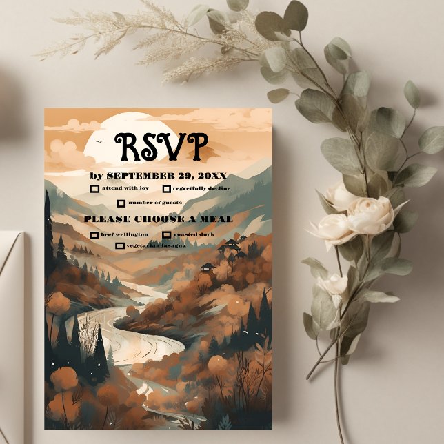 Rustikaler Bergwald Evergreen Wedding RSVP Karte (Von Creator hochgeladen)