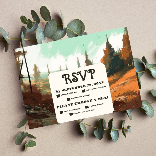 Rustikaler Bergwald Evergreen Wedding RSVP Karte (Von Creator hochgeladen)