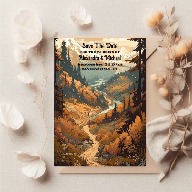 Rustikaler Bergwald Evergreen Wedding Save The Date (Von Creator hochgeladen)