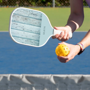 Rustikaler blauer Holzaufdruck personalisiert Pickleball Schläger