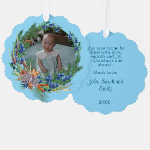 Rustikaler blauer Kranz - Ihr Foto - Personalisier Ornament Karte