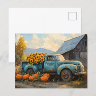 Rustikaler Blauer LKW mit Pumpkins und Sonnenblume Postkarte