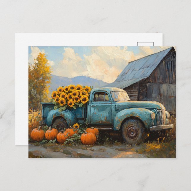 Rustikaler Blauer LKW mit Pumpkins und Sonnenblume Postkarte (Vorne/Hinten)