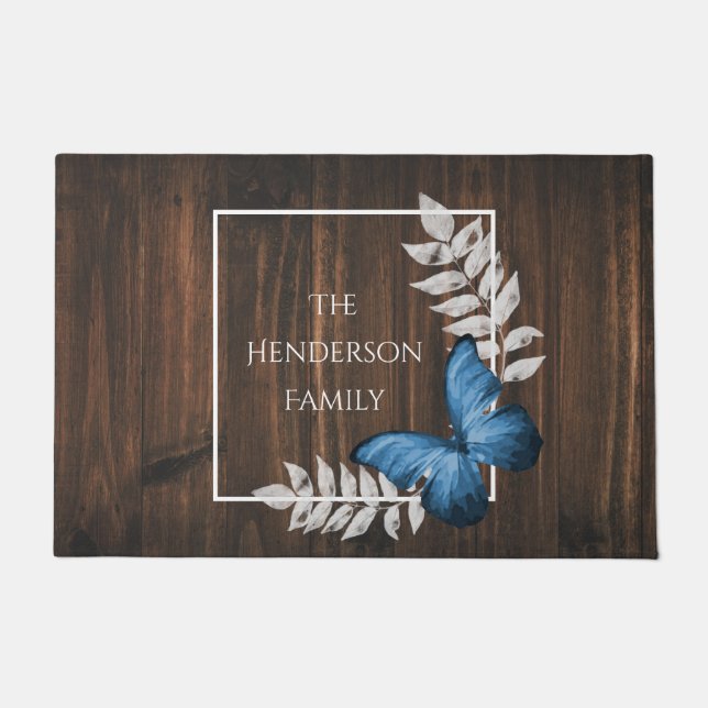 Rustikaler Blauer Schmetterling Personalisiert Doo Fußmatte (Vorderseite)