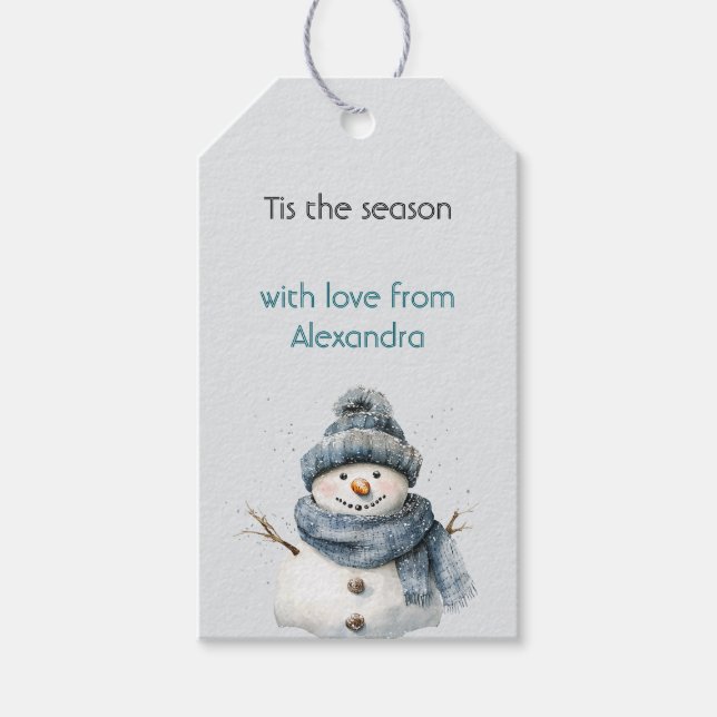 Rustikaler blauer Schneemann Weihnachten Geschenkanhänger (Vorderseite)