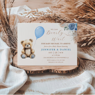 Rustikaler blauer Teddybär-Babyparty-Ballon-Blumen Einladung