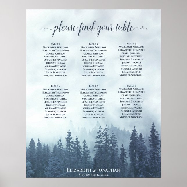 Rustikaler Blauer Wald 6 Tabelle Hochzeitstabelle Poster (Vorne)