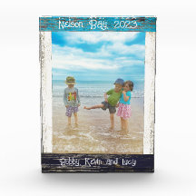 Rustikaler blauer weißer Strand Holz Text 5" x 7"