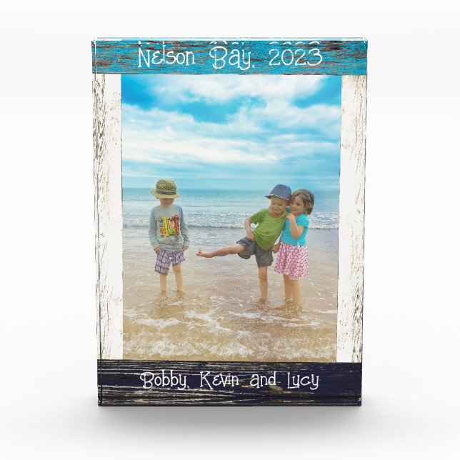 Rustikaler blauer weißer Strand Holz Text 5" x 7"  Fotoblock (Vorderseite)