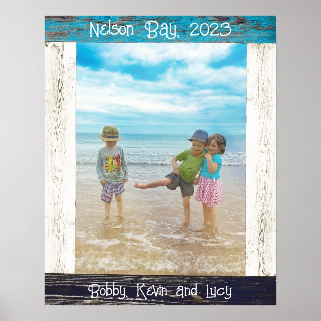Rustikaler blauer weißer Strand Holz Text Bilderra Poster (Vorne)
