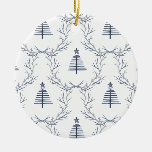 Rustikaler Blauer Winterwald Skandinavien Weihnach Keramik Ornament (Vorne)