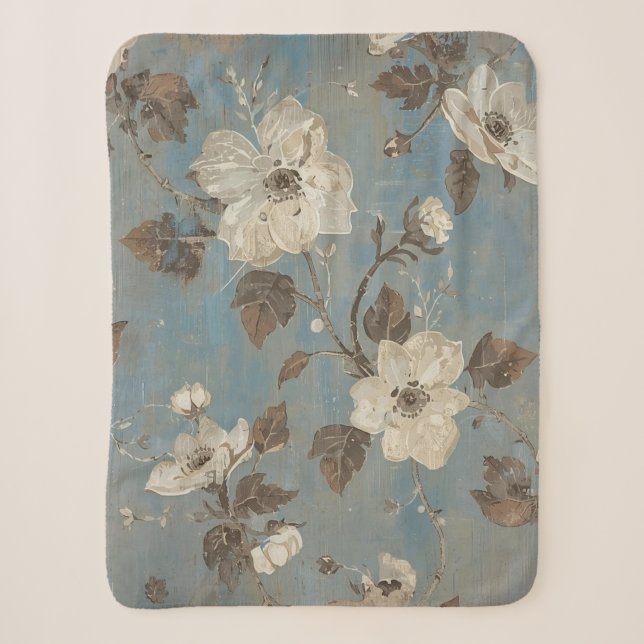 Rustikaler Blauton-Kokabrauner Blumenprint Sherpadecke (Vorderseite)