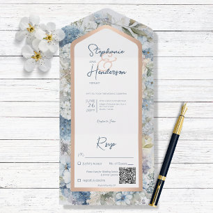 Rustikaler Blue Floral & Rose Gold QR Code All In One Einladung