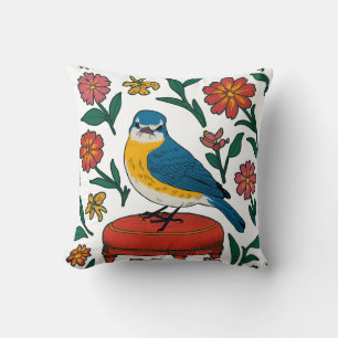 Rustikaler Bluebird auf Pouf in Folk Art Kissen