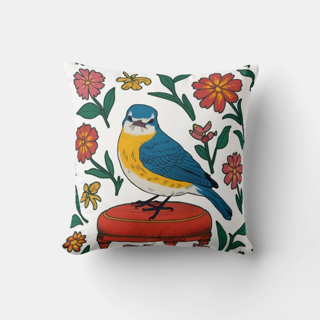 Rustikaler Bluebird auf Pouf in Folk Art Kissen (Vorderseite)